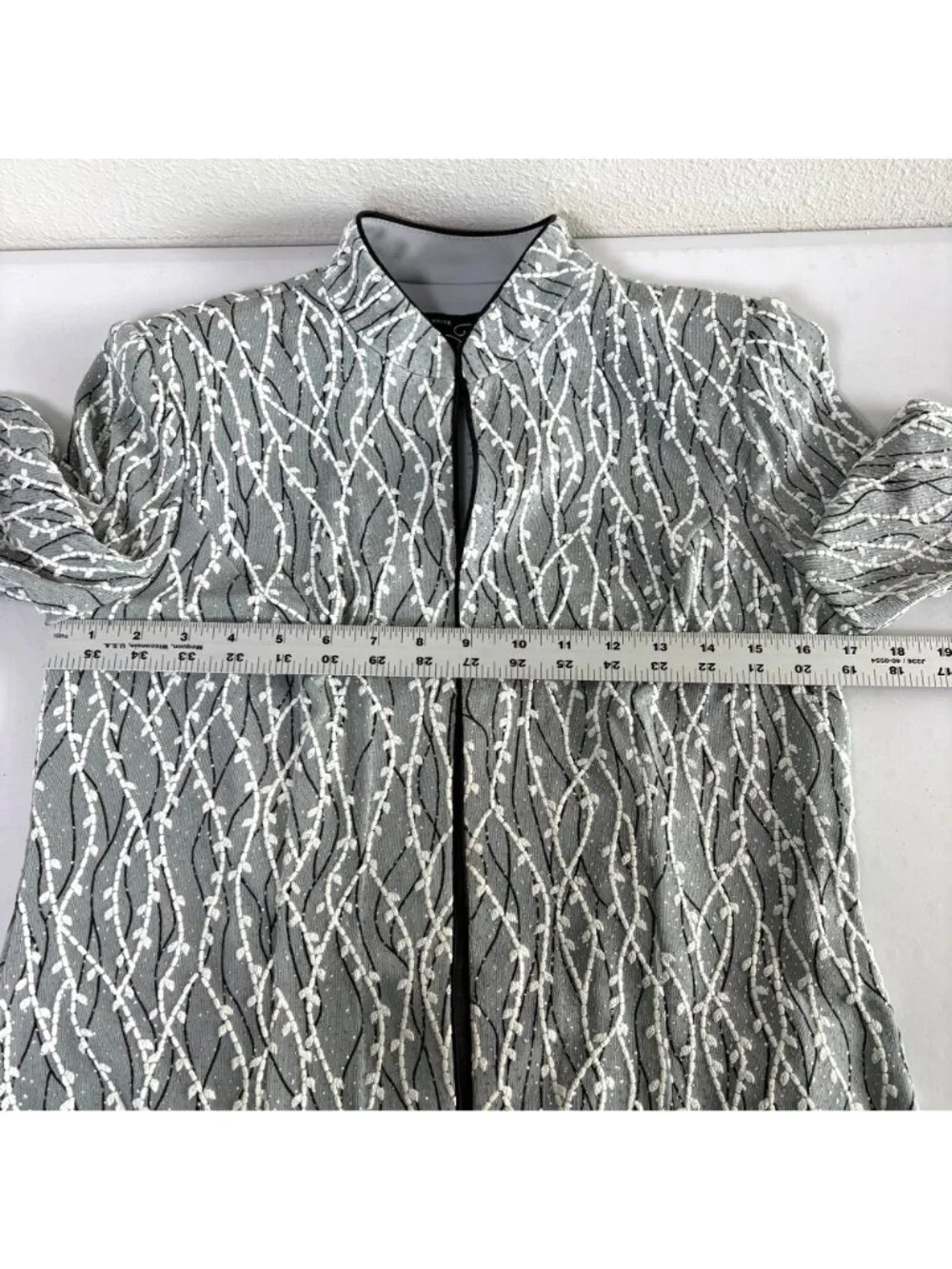 Alex Evenings Jacket Petite S SP Gray Black Metallic 3/4 Sleeves Mandarin Collar
